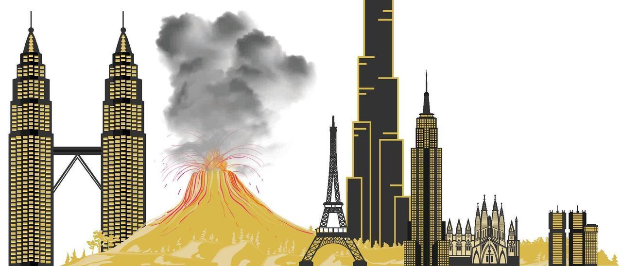 Gráfico comparativo de alturas entre el volcán de La Palma y los edificios mayores del mundo