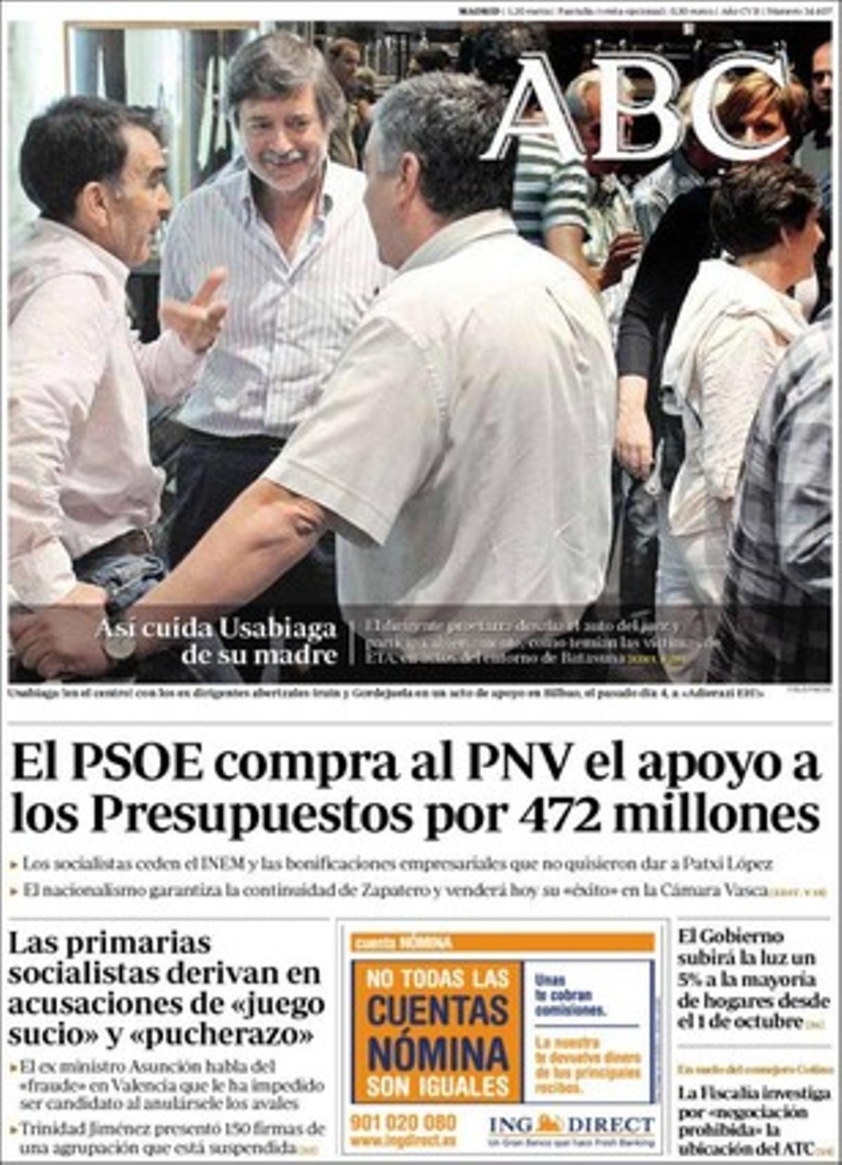 ’Abc’ destaca en pàgines interiors que Rafael Díaz Usabuiaga utilitza el permís per cuidar la seva mare per recolzar plataformes de l’esquerra ’abertzale’ i també que la fiscalia valenciana investiga la venda de terreny on s’hauria d’ubicar el cementiri nuclear a Zarra, part del qual és de la família del conseller de Medi Ambient de la Generalitat de Francisco Camps i exdirector general de la Policia amb Rajoy i Aznar, Juan Cotino.