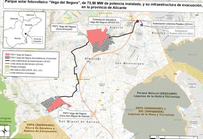 Ubicación de la planta Vega Baja del Segura y superficie afectada. Rayado en negro y blanco la superficie descartada