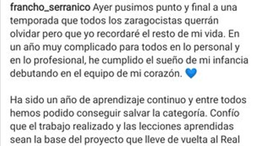 Mensaje de Francho Serrano en Instagram.