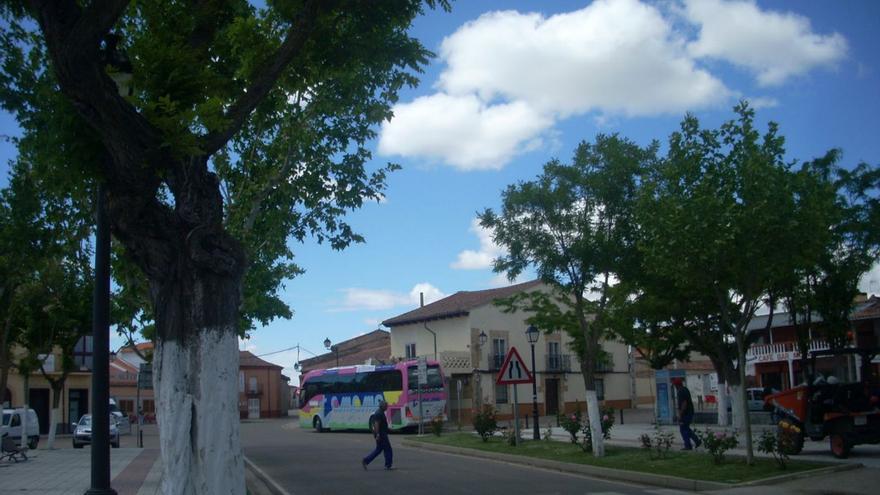 Un autobús de transporte en la plaza de Moraleja del Vino.  | J. S. N.