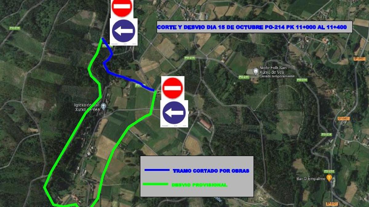 Vista aérea de la zona con indicaciones de los desvíos alternativos que se establecerán para salvar el tramo que sufrirá el corte de tráfico.