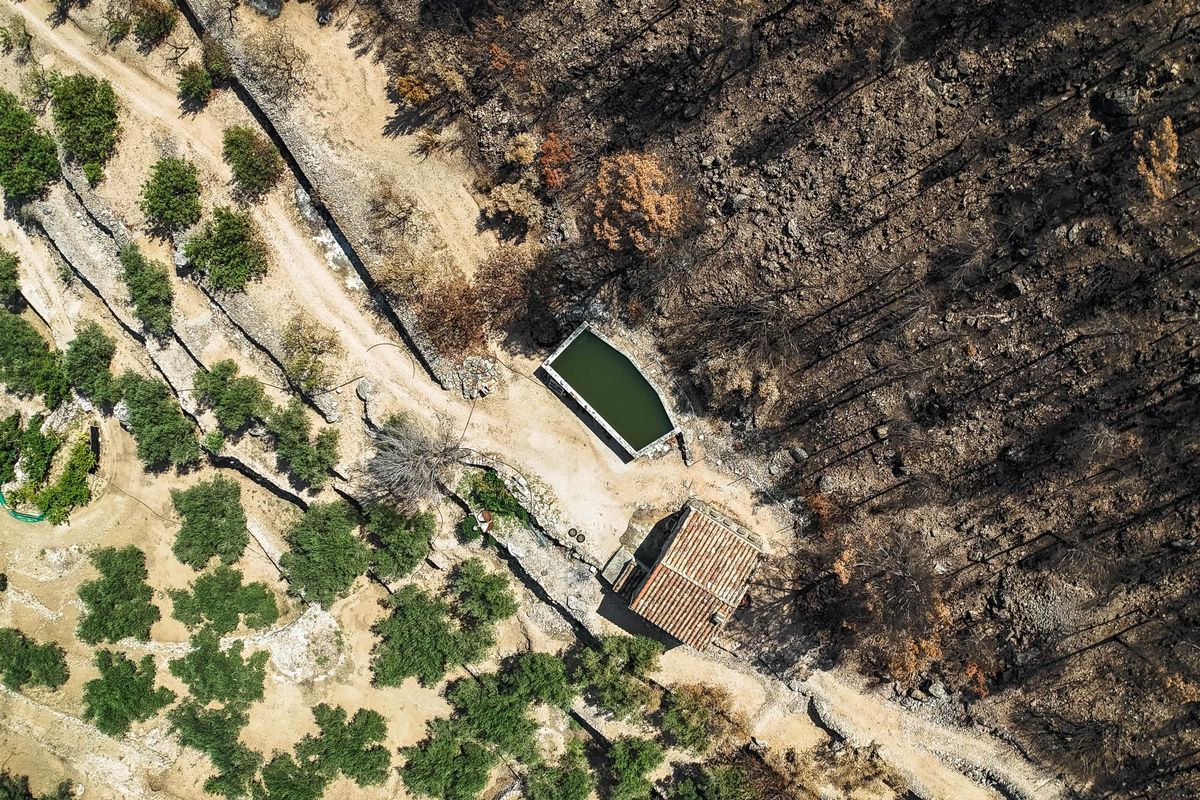 Imatge zenital d'una masia amb bassa de reg que divideix la zona cremada del cultiu salvat