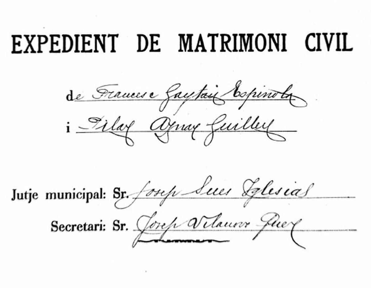 Expedient del primer matrimoni civil en català a Vilanova, 1935.