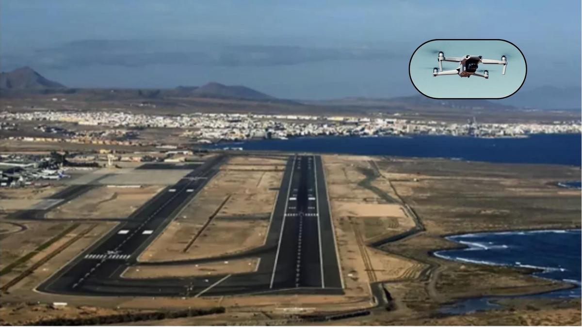 Fotomontaje de un dron y el aeropuerto de Fuerteventura.