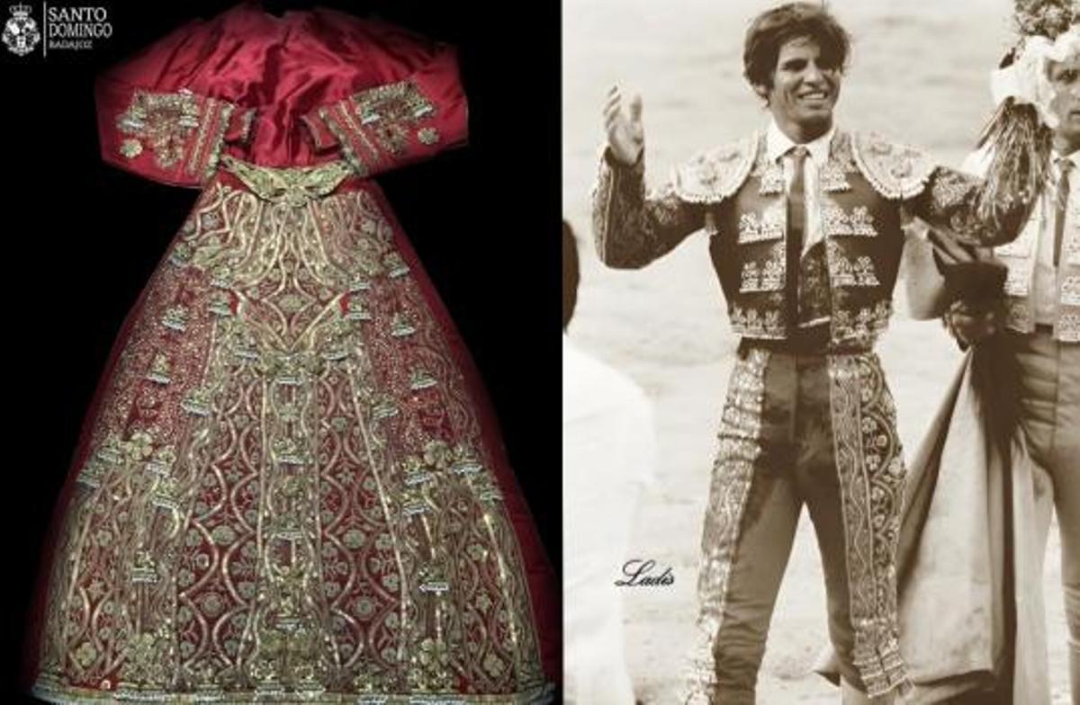 A la izquierda, la saya torera que han elaborado para la Virgen del Mayor Dolor de Badajoz, a la derecha, Manuel Benítez 'El Cordobés' con el traje de luces con el que se ha hecho.