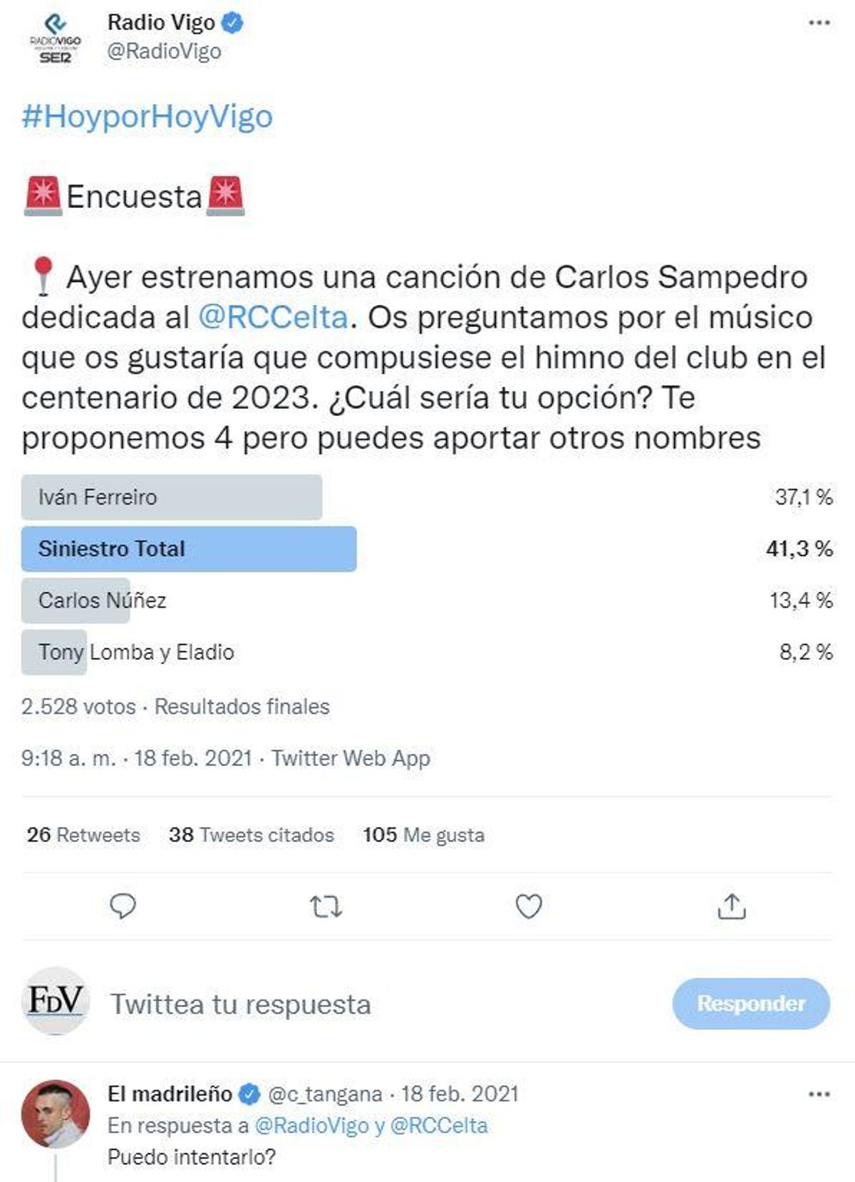 Respuesta que dio el cantante a una encuesta sobre la composición del himno del centenario del Celta.