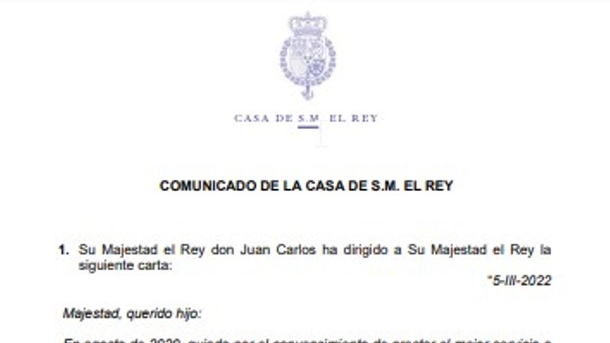 Comunicado del rey emérito tras el archivo de la investigación por la Fiscalía (7 de marzo de 2022)