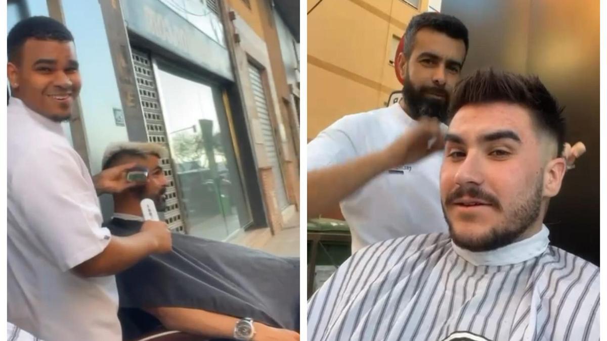 El curioso vídeo de dos peluqueros cortando el pelo a dos clientes en la calle en Castelló