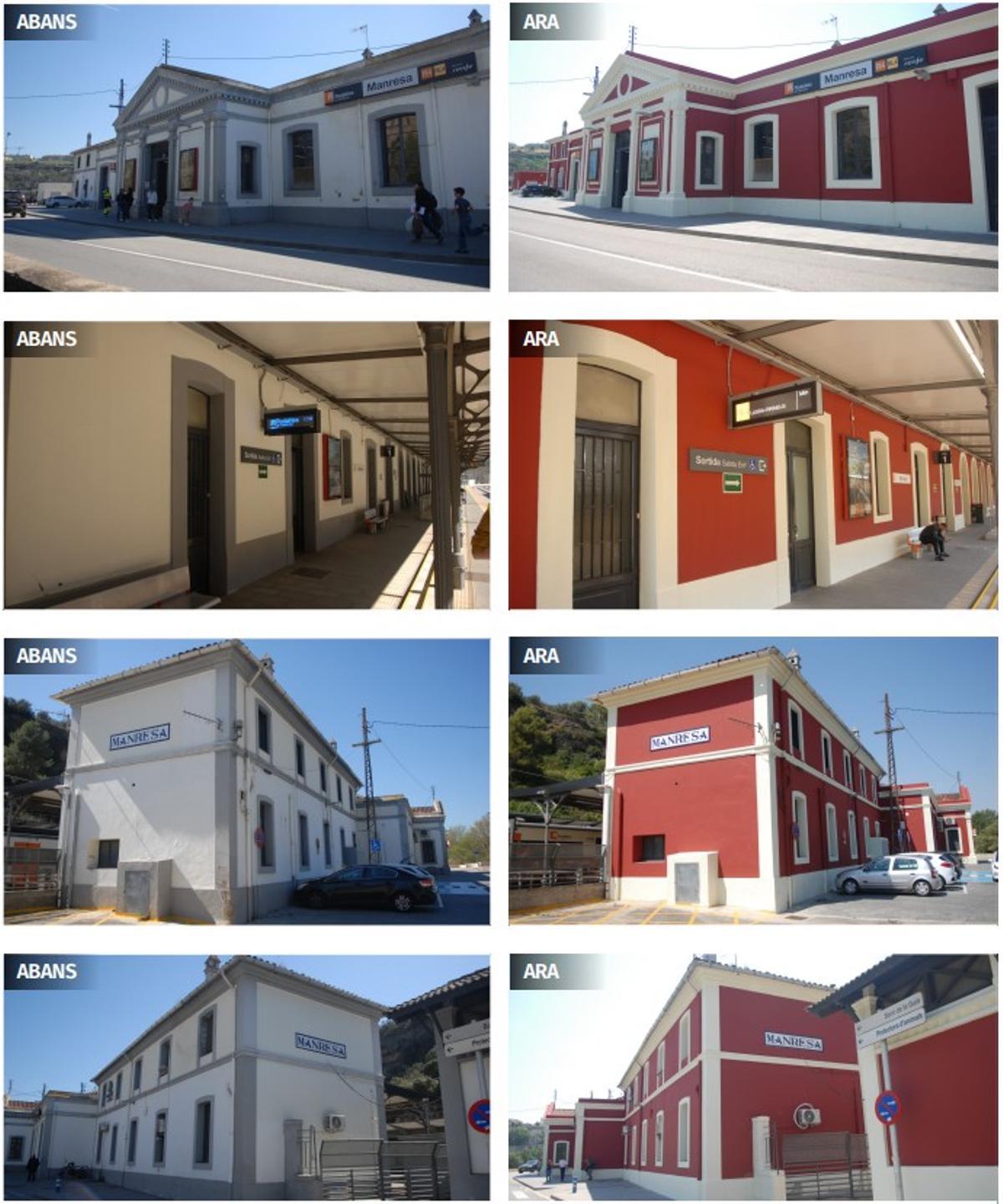 Imatges d’abans i ara de la façana de l’estació de Renfe, l’andana i els sector est i oest de l’edifici