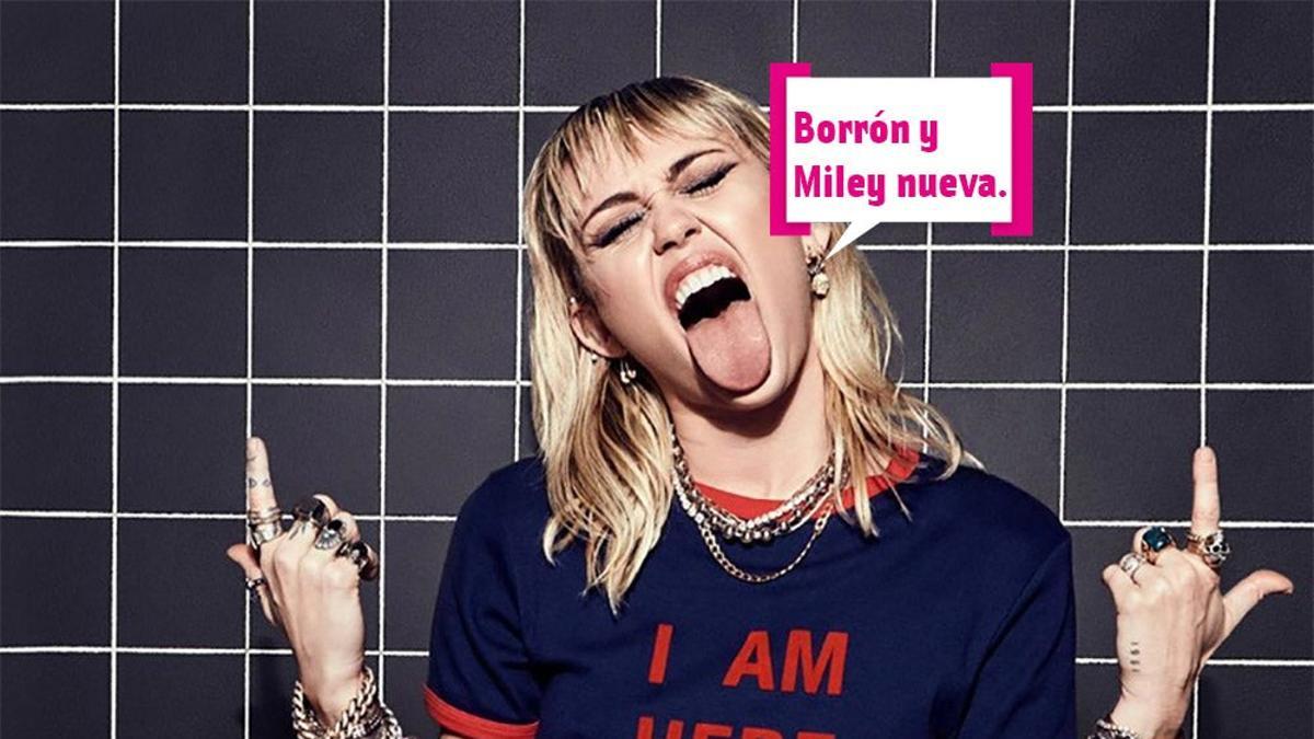 Miley Cyrus sacando la lengua, bocadillo: &quot;Borrón y Miley nueva&quot;