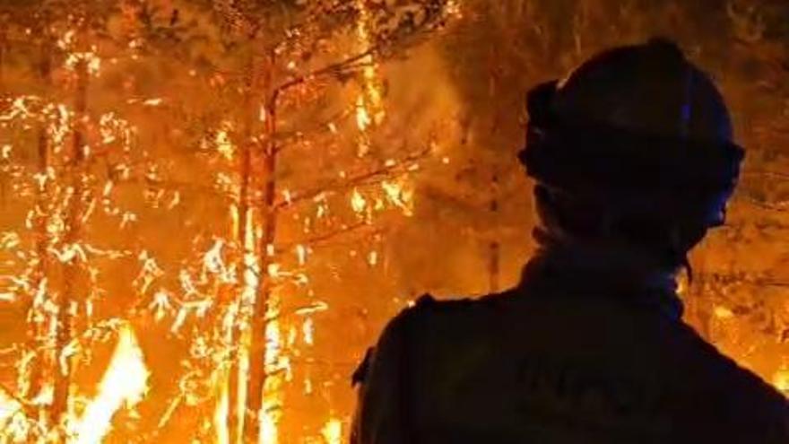 Bomberos forestales combaten las llamas en el incendio de La Peña, en la noche del viernes al sábado.