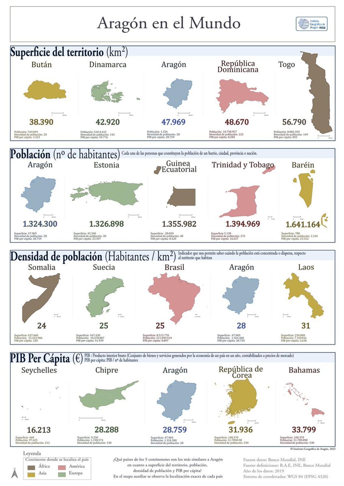 Mapa del Instituto Geográfico de Aragón en donde se compara a la comunidad con el resto del mundo