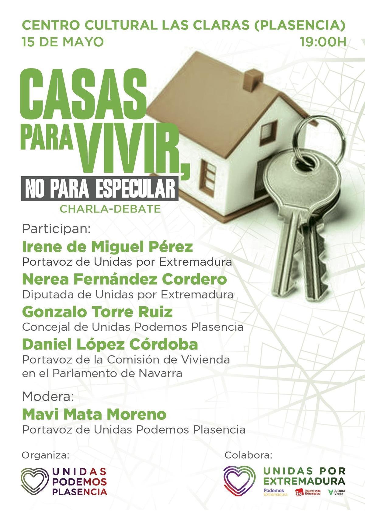 Cartel sobre la charla en relación a la vivienda digna en Plasencia.