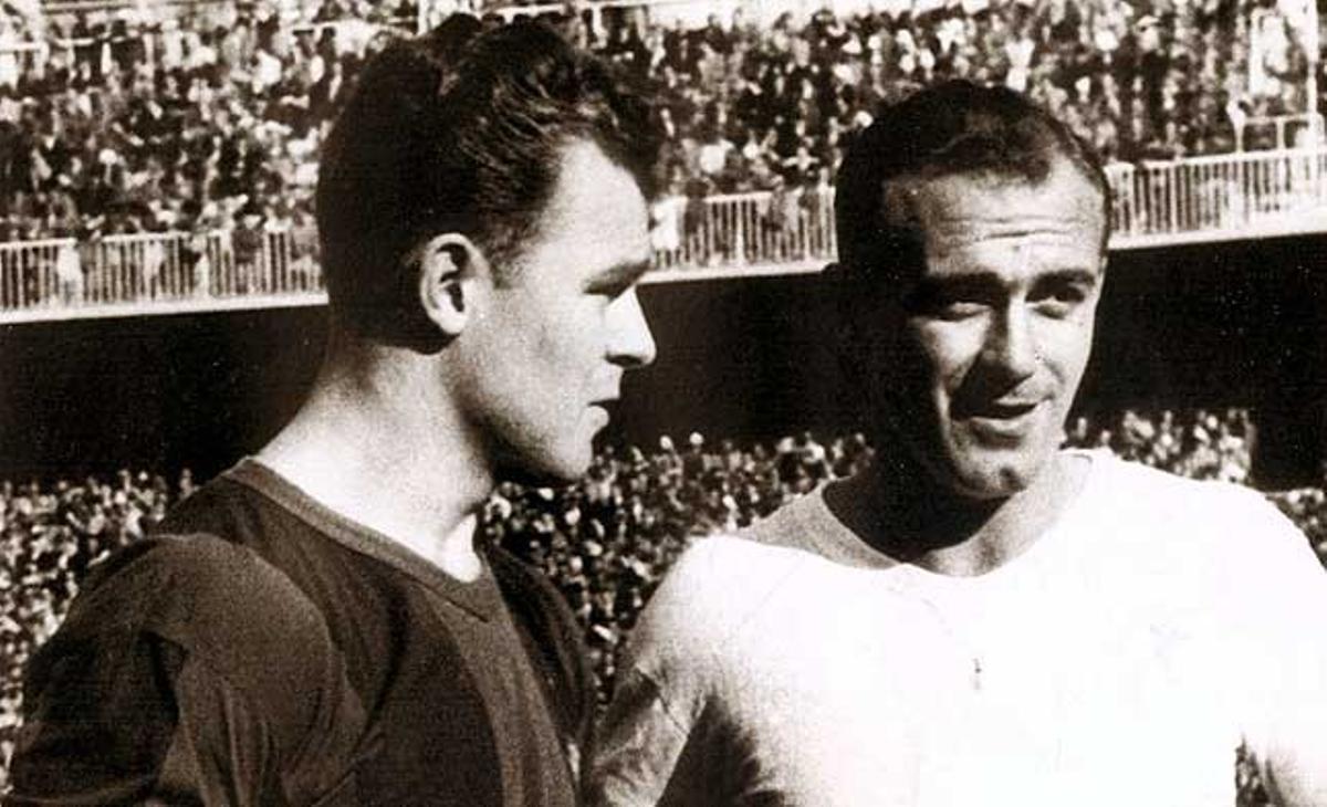 Mites.Kubala i Di Stefano van coincidir en un partit amistós que l’argentí va disputar amb el Barça. 3 de març del 1957.