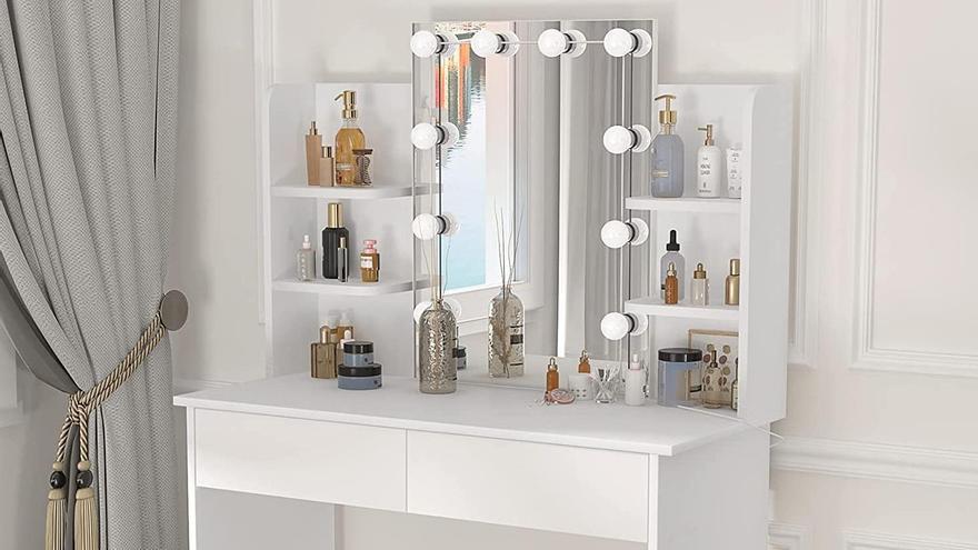 Tocador de maquillaje con espejo y gran espacio de almacenamiento