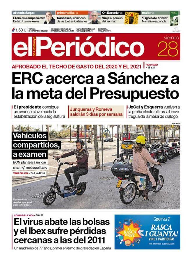 La portada de EL PERIÓDICO del 28 de febrero del 2020.