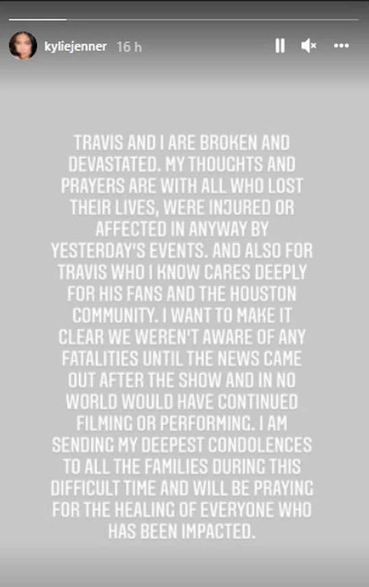 Story de Kylie Jenner tras el concierto de Walter Scott que terminó en tragedia