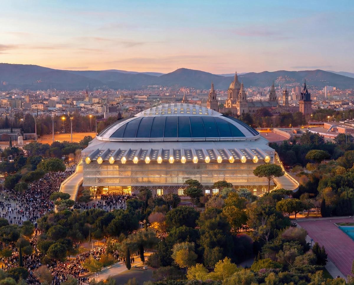 Imagen virtual del nuevo Sant Jordi Club, ante el Palau Sant Jordi, según el proyecto de los estudios Bruther y Jorge Vidal