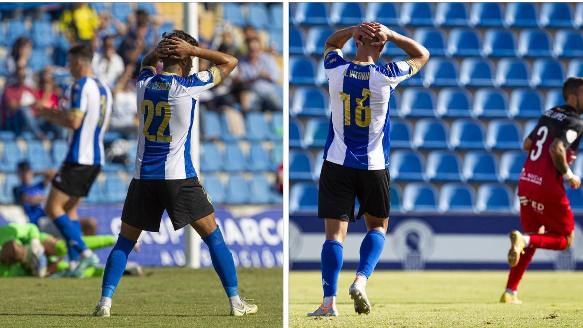 Christian Cedrés (i) y Ander Vitoria (d), dos de los jugadores que no han dado el rendimiento esperado en el Hércules, se llevan las manos a la cabeza tras un fallo.