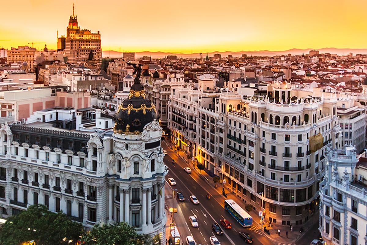 Panoramic View Of Gran Via, Madrid, Spain.