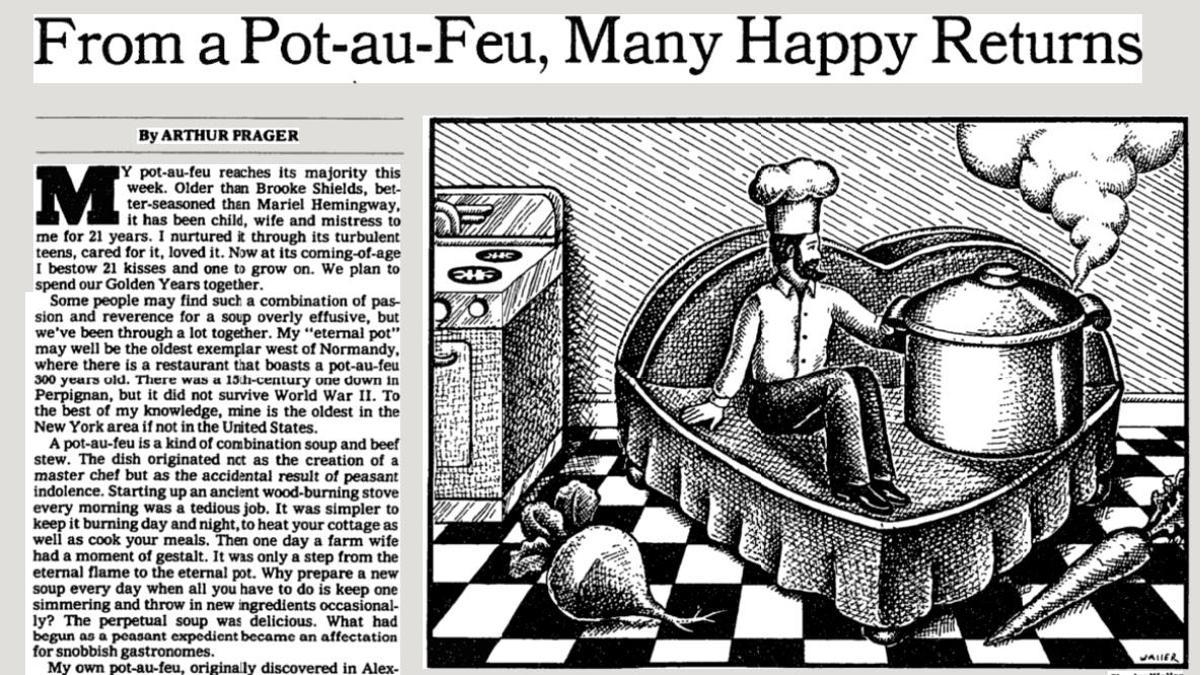 Artículo de 1981 de Arthur Prager en 'The New York Times' en el que hizo una oda celebratoria a su olla perpetua en ocasión de su mayoría de edad.