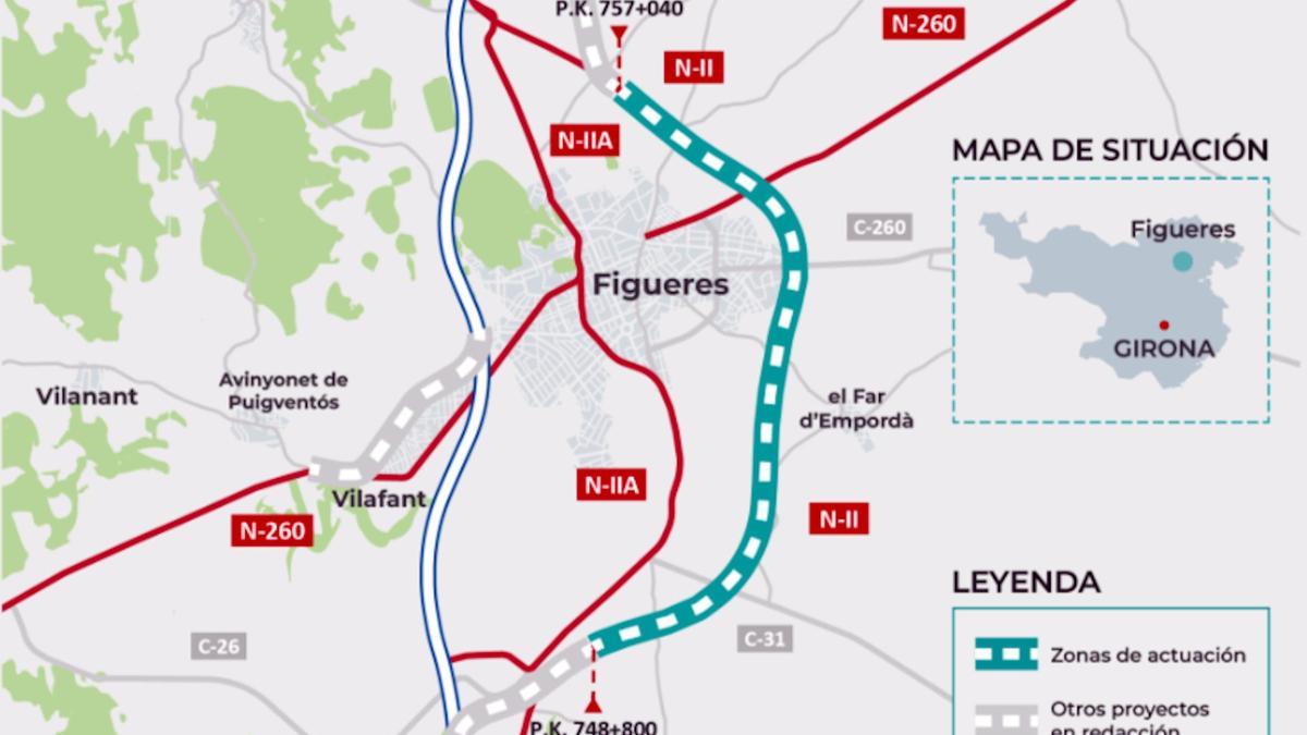 Plànol amb el traçat de la variant de Figueres que es duplicarà per guanyar dos carrils per sentit
