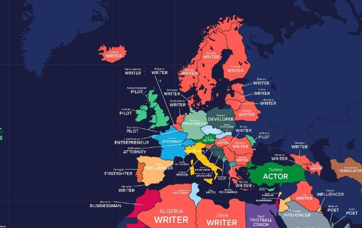 Mapa de los trabajos más buscados en Europa.