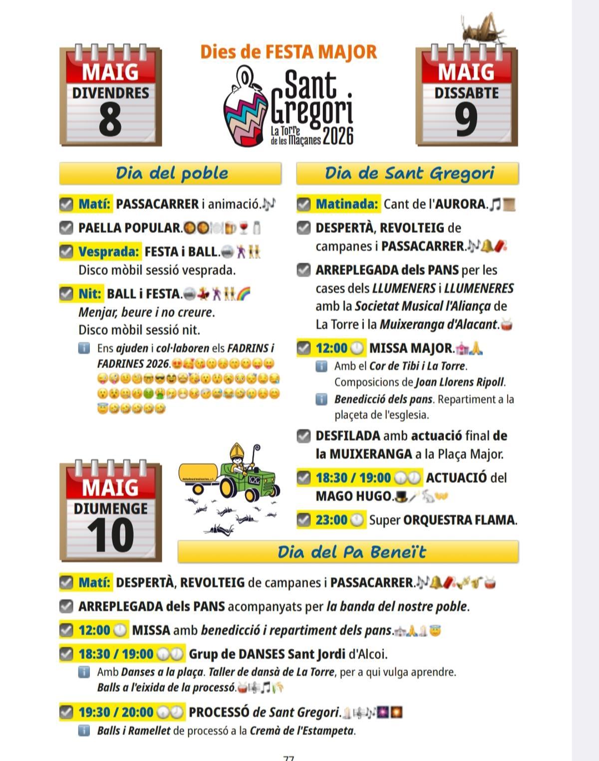 Programa de actos de las fiestas de Sant Gregori de La Torre