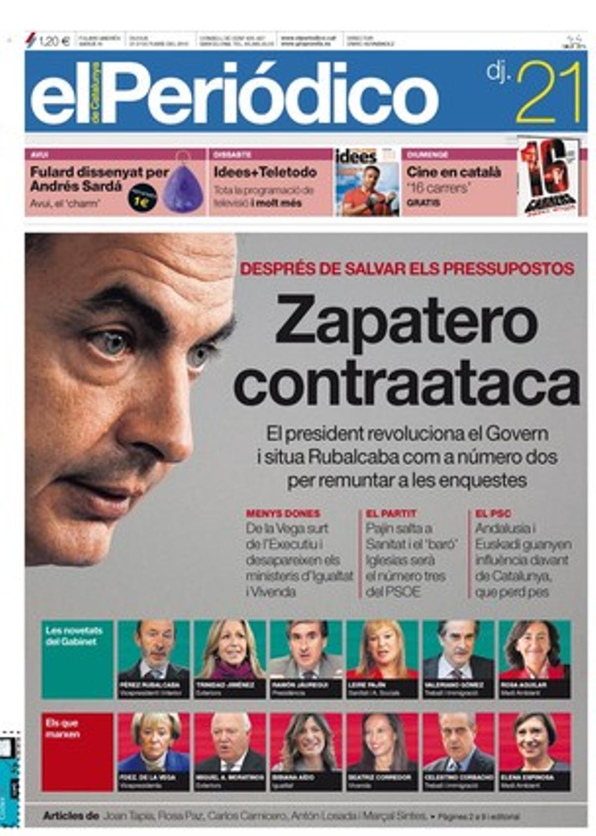 EL PERIÓDICO destaca a dins que una mexicana de 20 anys es converteix en xèrif d’un municipi de la zona violenta del país, que la llei antitabac eludeix compensar els hostalers que van fer reformes, que la proliferació de prostíbuls indigna els alcaldes de l’Empordà, que la visita papal costarà a les arques públiques més d’1,7 milions d’euros, que Beatriz Corredor va inaugurar Meeting Point el mateix dia que s’anunciava la desaparició del seu Ministeri de la Vivenda, que el Premio Nacional de Literatura Dramática distingeix Lluïsa Cunillé i que Scarlett Johansson va il·luminar la gala de Mango a Montjuïc.