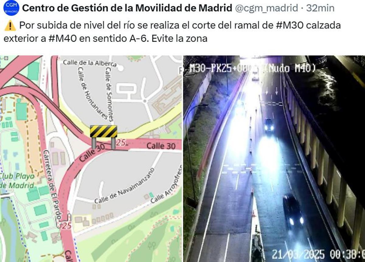 Tuit del Centro de Gestión de la Movilidad de Madrid que advertía del corte del ramal que une la M-30 y la M-40.
