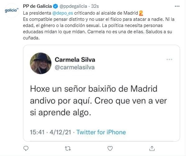 Captura de la respuesta del PPdeG al tuit de Carmela Silva