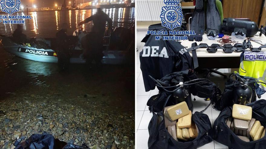 A la izquierda, un momento del operativo para las detenciones en Avilés. A la derecha, material incautado a los «narcobuzos» en el piso que ocupaban en Avilés. | CNP