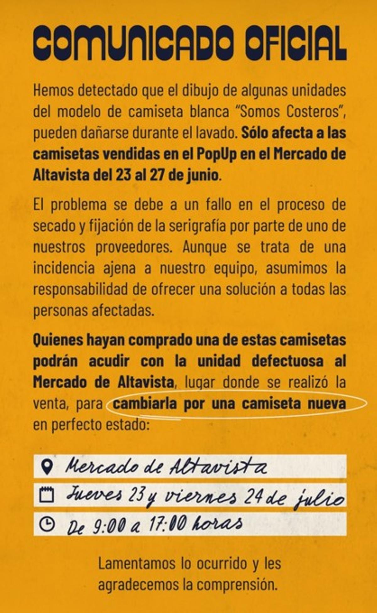 Quevedo, a través de su cuenta oficial de instagram, comunica a los afectados que podrán conseguir una camisa nueva
