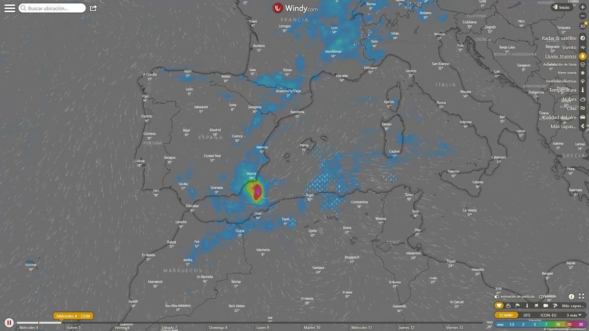 Progresión de la tormenta en las próximas horas