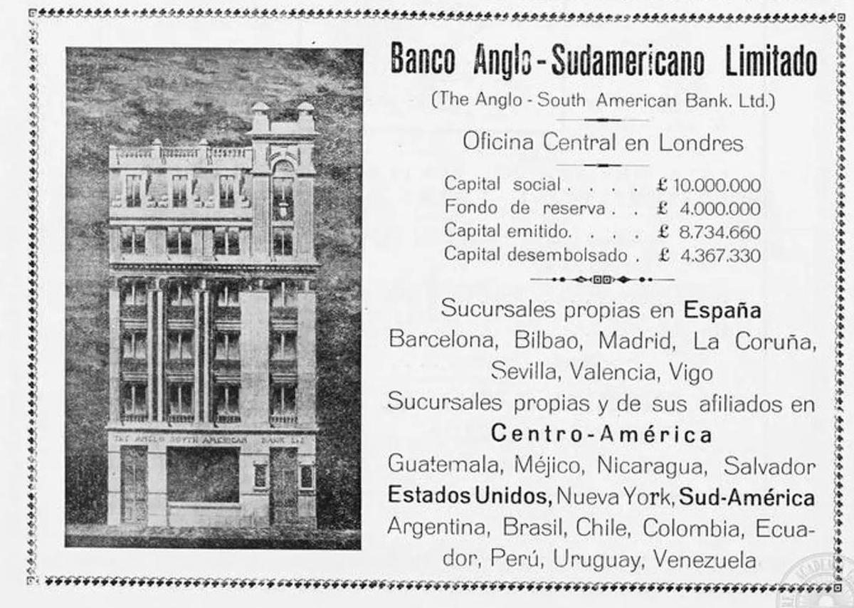 Academia Galega que muestra la fachada del Banco Anglo-South American (1927)