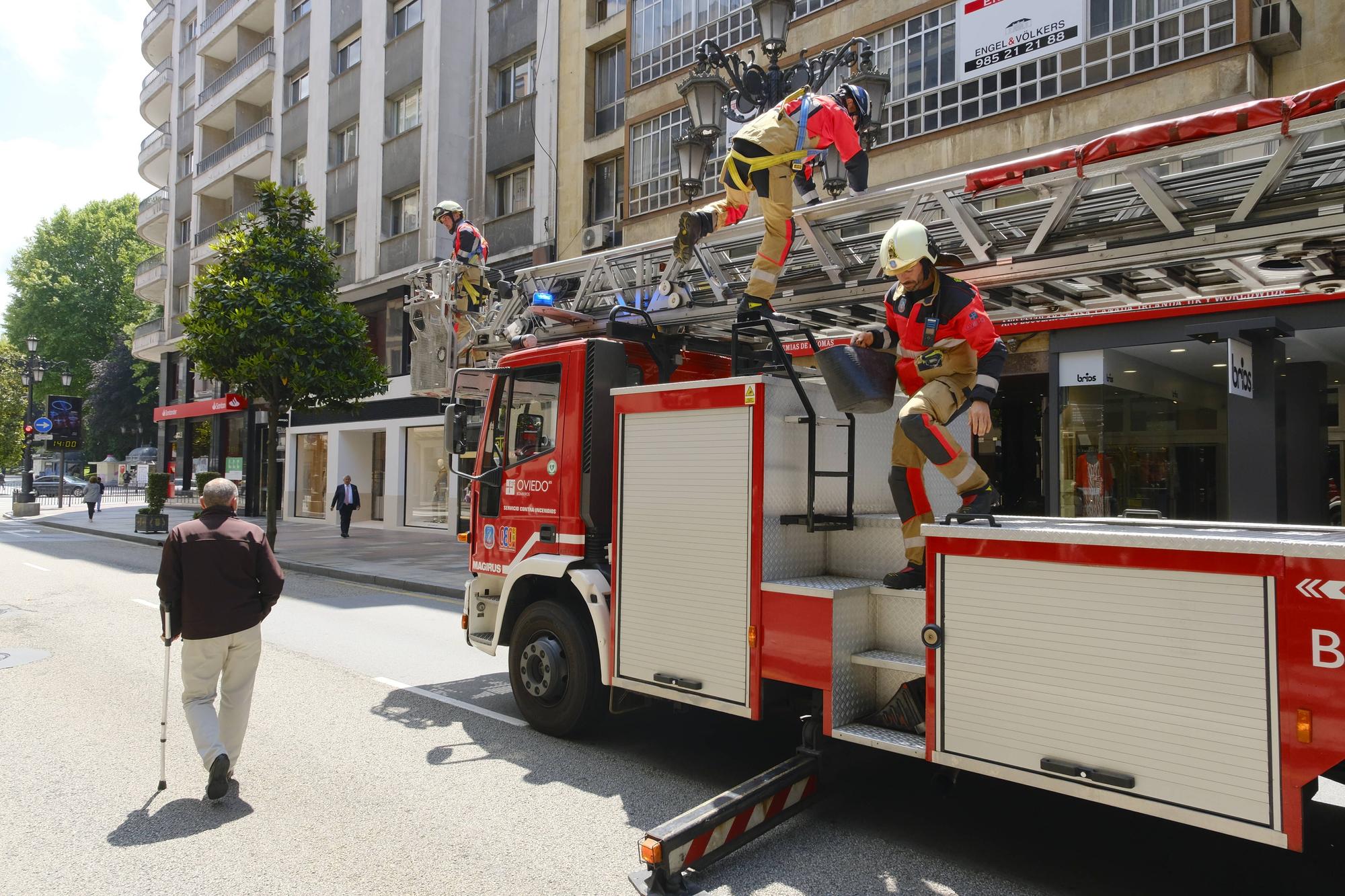 Alarme en la calle Uría de Oviedo por la caída de cascotes en plena vía pública