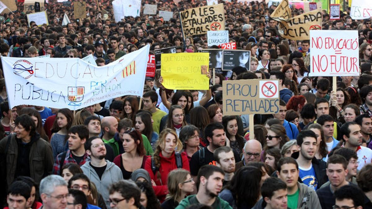 Manifestación de estudiantes contra los recortes en educación, el pasado 29 de febrero, en Barcelona.