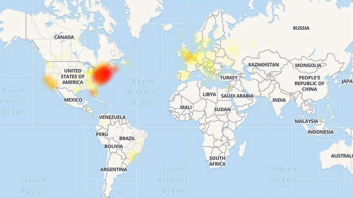 Mapa de les caigudes que ha patit Google i Youtube. En vermell, on hi ha hagut major problema. Mapa de les caigudes que ha patit Google i Youtube. En vermell, on hi ha hagut major problema.