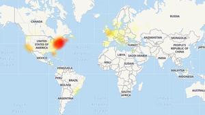 Mapa de les caigudes que ha patit Google i Youtube. En vermell, on hi ha hagut major problema.