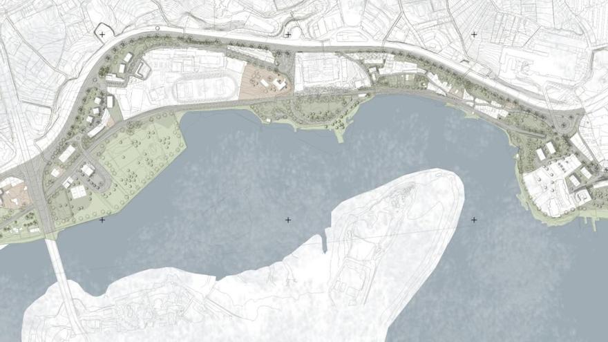 Mapa orientativo del nuevo planteamiento de la ría de O Burgo incluido en el proyecto, con las edificaciones que se añaden y la senda litoral. |   // LA OPINIÓN