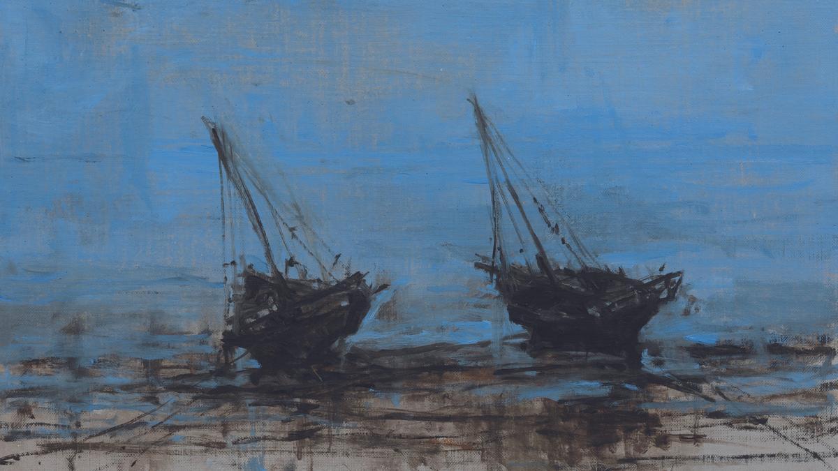 “Barcas”, óleo sobre tela expuesto en la muestra de la Fundación Bancaja.