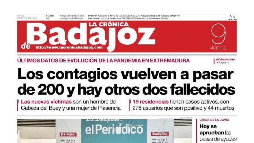 Esta es la portada de LA CRÓNICA DE BADAJOZ correspondiente al día 9 de octubre del 2020