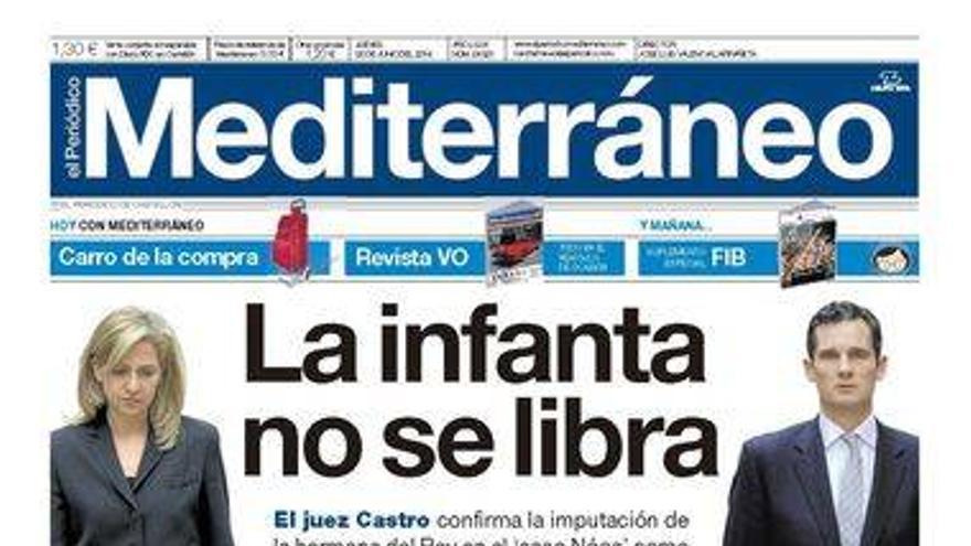 La infanta no se libra, en la portada de el Periódico Mediterráneo