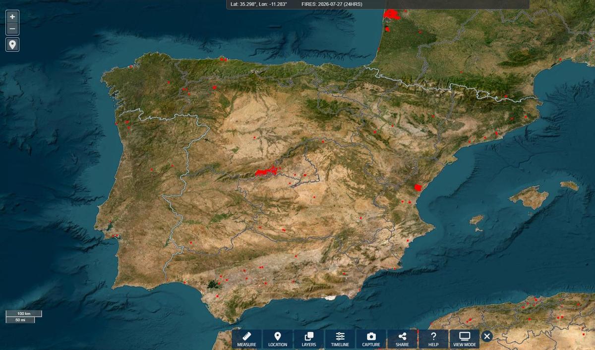 Captura de pantalla de los incendios activos en España según el mapa en tiempo real de la NASA.