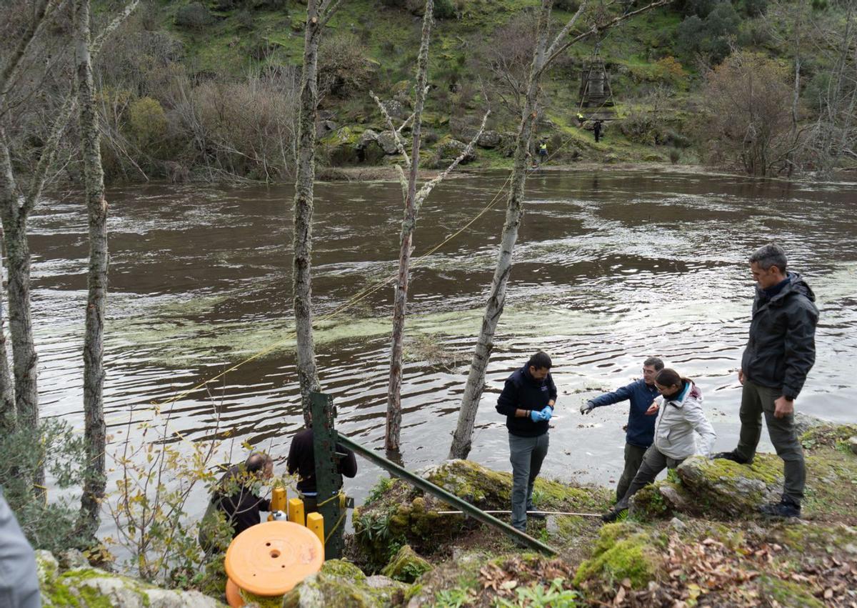 Personal de la CHD realiza un estudio a pie de río durante la suelta artificial. | José Luis Fernández