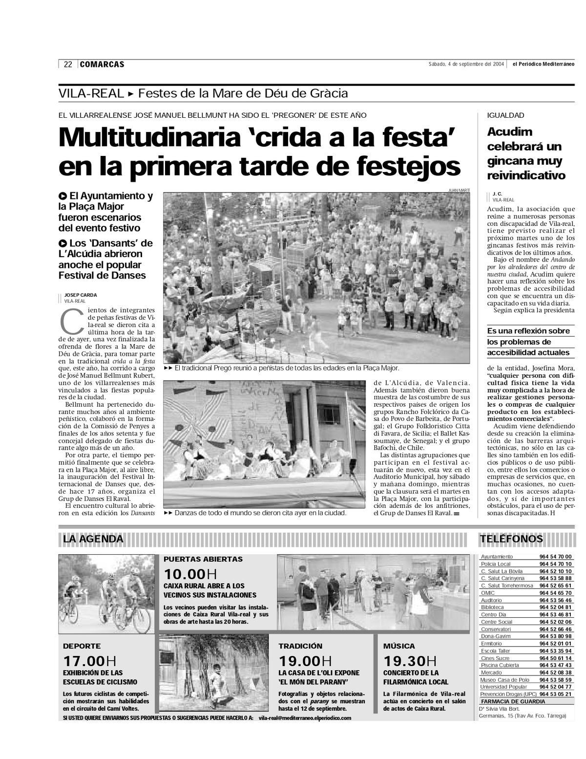 Crónica de la 'Crida a la festa', con José Manuel Bellmunt como pregonero, que publicó 'Mediterráneo' el 4 de septiembre del 2004.