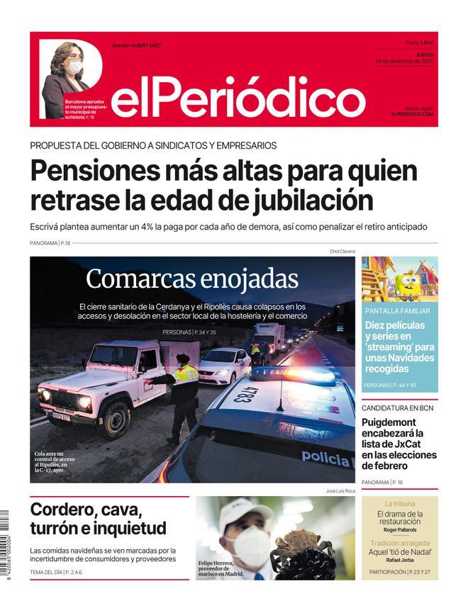 La portada d’EL PERIÓDICO del 24 de desembre del 2020