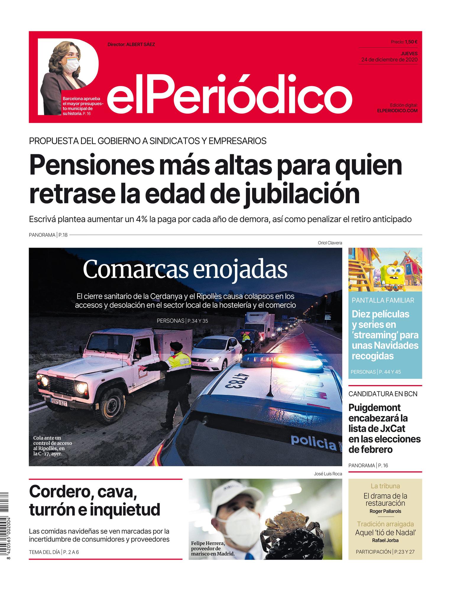 La portada de EL PERIÓDICO del 24 de diciembre del 2020