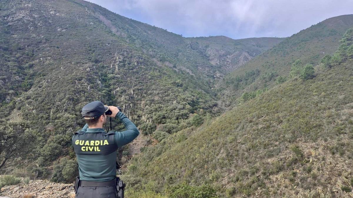 Un agente de la Guardia Civil revisa con los prismáticos el monte.